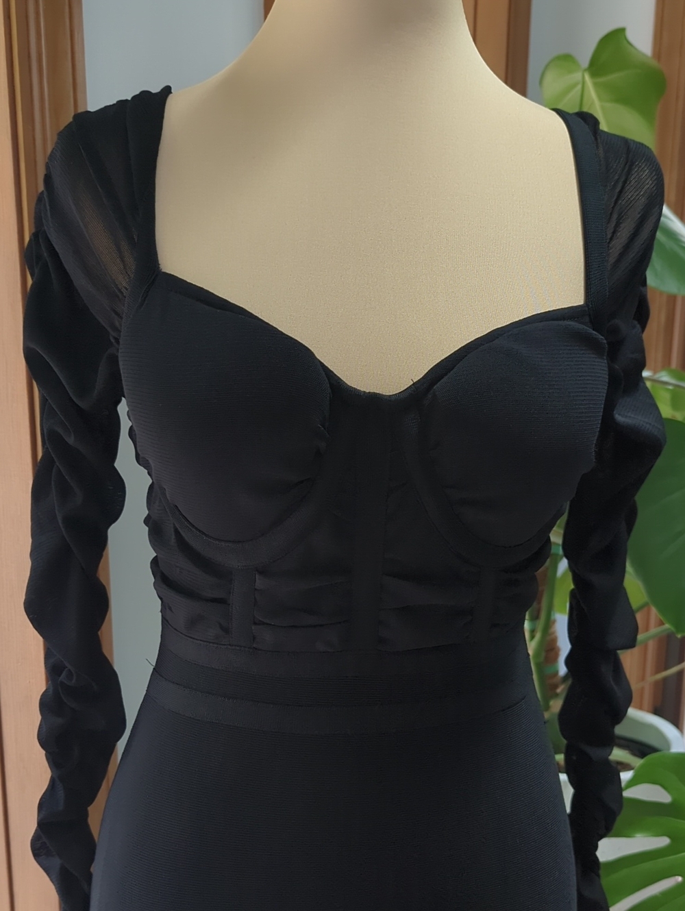 VENUS Black Bustier Bodycon Midi Dress Mesh Ruched Sleeves Size US 2